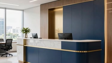 A high-end, professional South American office reception area in Belo Horizonte, featuring clean lines, modern furniture, and subtle gold and navy blue decor accents. The lighting is bright and natural, reflecting a trustworthy and sophisticated corporate environment.