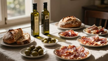 Overhead still-life of a beautifully set tasting table with estate olive oils, crusty artisan bread, and cured meats, warm directional late afternoon window light, shallow depth of field