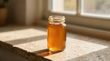 A single textured amber glass bottle of hot honey sitting on a rustic stone countertop, warm low-angle golden-hour sunlight streaming through a window creating deep shadows, shallow depth of field