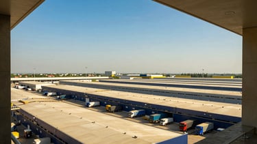 Wide panoramic shot of a state-of-the-art logistics hub in Vietnam, rows of large warehouses, trucks loading/unloading, clear blue sky, bright natural daylight, warm cast, architectural framing, deep navy and warm gold tones.