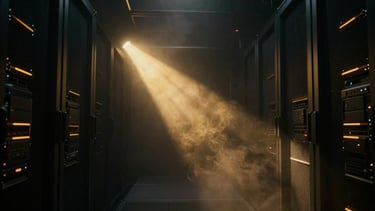Dark high-tech server room shrouded in smoke, glowing gold light shafts cutting through deep shadows, cinematic 35mm lens