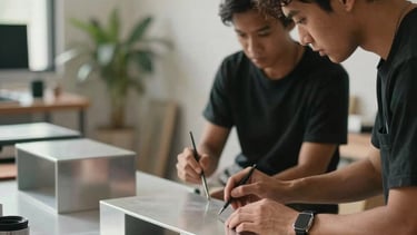 Foto proses tim kreatif sedang merancang tata letak konten Instagram untuk promosi furnitur aluminium di sebuah studio modern di Asia Tenggara.