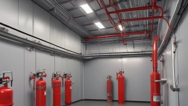 Fire safety project blueprint with fire extinguisher and safety equipment on desk