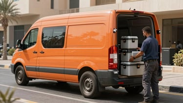 An orange-liveried service van parked on a Deira street during daylight, technician unloading heavy toolboxes from the back.