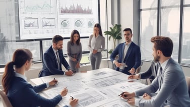 Modern office setting with financial charts and a team discussing investments