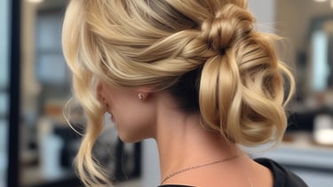 Woman receiving a stylish haircut in a glamorous salon with black and gold decor