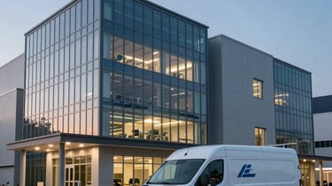A professional wide-angle photograph of a modern North American industrial facility at dusk. The building features clean glass and steel architecture with subtle blue and grey lighting. A service van with a subtle logo is parked in the foreground, projecting reliability and readiness.