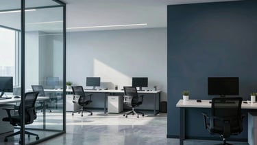 Clean and modern South American corporate office interior with minimalist technology-focused decor, soft natural light reflecting off glass surfaces and polished floors, featuring a color palette of light blue-grey and dark slate blue, representing professional IT consulting.