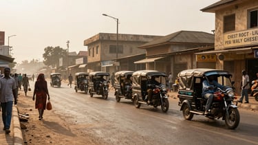 Wide panoramic street-level shot, golden-hour light, a busy West African urban junction with okada motorcycles queued at the curb and a guesthouse sign visible to the right third, pedestrians mid-motion, warm dust haze in the air