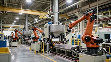 Wide environmental shot of a large automotive assembly plant floor, stamping presses and robotic arms in operation under bright overhead industrial lighting, steel structural beams visible at ceiling, deep perspective showing factory scale