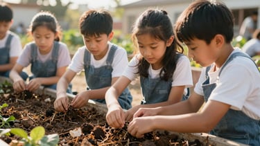 Young students examining compost in a school garden, warm sunlight, natural expressions, 35mm