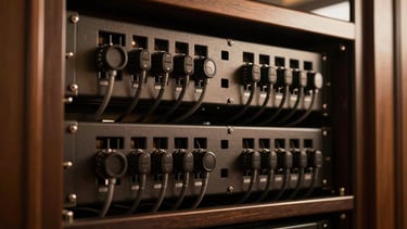 Extreme close-up of a neatly organized, hidden AV rack setup in a luxury residential interior, professional cable management, warm ambient architectural lighting, deep shadows, rich bronze and charcoal tones, Hasselblad medium format
