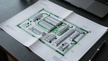 Top-down view of a dark architectural blueprint for a sustainable factory layout, subtle deep green markers, minimalist dark desk background, professional setting.
