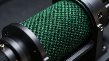 Macro shot of a high-tech carbon capture filter or similar environmental hardware, dark metallic finish with deep green accents, low lighting, powerful minimalist style.