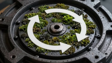 Conceptual detail of a circular economy process, focusing on the dark metallic texture of industrial machinery with subtle dark moss green reflections, professional and clean.