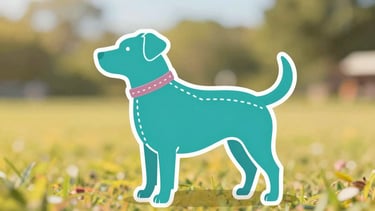 A clear, charming graphic illustration showing a friendly dog silhouette with dotted lines indicating where to measure the neck, chest, and body length, styled with clean teal and mauve accents