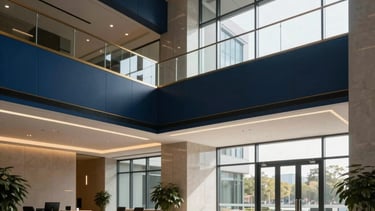 Professional photography of a contemporary office lobby in a North American / US business park. The interior features high ceilings, navy blue architectural lines, and subtle gold accents. The atmosphere is quiet, authoritative, and sophisticated, illuminated by soft, natural daylight from glass walls.