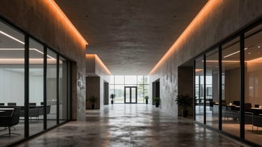A wide-angle, high-end photograph of a minimal, modern North American / US corporate office lobby. The lighting is low and moody with dramatic orange glow accents highlighting architectural lines. Polished dark concrete floors and glass partitions create a sense of professional depth and luxury.