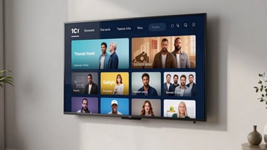 A high-quality photography of a clean, modern North American living room with soft daylight. A high-definition smart television is mounted on a light gray wall, displaying a vibrant, professional streaming application menu. The composition is wide and minimalist, conveying a sense of ease and user-friendly technology.