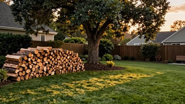 A high-quality wide-angle photograph of a pristine North American residential backyard during a golden hour sunset. A neatly stacked pile of split seasoned firewood sits near a large, professionally pruned oak tree. The lawn is a lush, deep moss green and perfectly manicured. The scene captures the professional expertise of tree and lawn maintenance in natural lighting with earthy tones of sand tan and forest green.