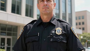 North American / US. A confident professional security guard in a crisp black uniform standing outside a modern corporate building in the Dallas-Fort Worth area. Clear daylight, professional photography.