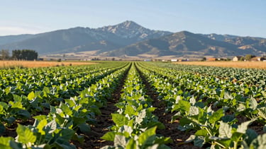 Wide panoramic shot of a sunny organic farm field in Colorado, rows of vibrant green crops stretching toward the distant Rocky Mountains, soft morning sunlight, clean clear sky