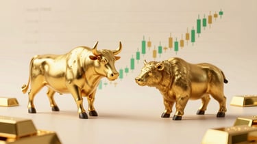 A premium financial editorial illustration featuring a stylized golden bull and bear in opposition, overlaid with clean green and gold candlestick charts, a subtle upward stock market growth graph, and soft reflections of gold bars on a warm cream background.