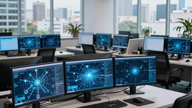 A wide-angle professional photograph of a modern telecommunications operations center in a South American business district. The scene features sleek desks with multiple monitors showing digital connectivity maps, illuminated by soft blue light and bright natural daylight through large office windows. The style is clean, corporate and reflects high technology.