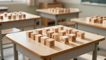 Eye-level view of a sunlit, clean Scandinavian-style classroom in Semarang, wooden learning blocks arranged neatly on low tables, soft natural light, warm cream tones.