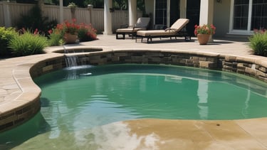 Close-up of a sparkling pool surface with fresh pebble finish under sunlight