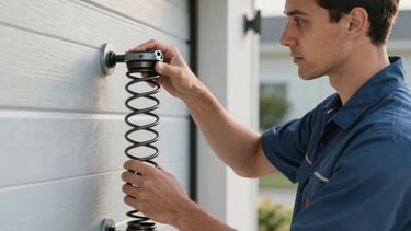 A close-up photograph of a professional technician in a clean uniform inspecting a garage door spring. Modern North American residential setting with soft morning sunlight. The color palette features Slate Blue and Light Grey.
