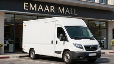 A clean, modern white moving truck parked outside the Emaar Mall storefront in Arabian Ranches 2 under bright daylight