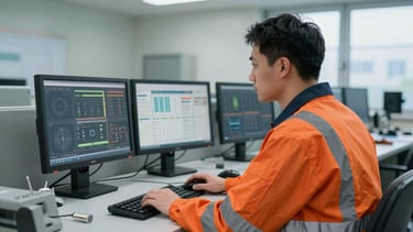 Sharp industrial photography of an engineer in a control room wearing proper PPE, looking at technical monitors, natural daylight, cool steel tones with safety orange accents, crisp focus.