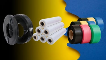 Industrial packaging supplies including black steel strapping, clear stretch wrap rolls, and colorful plastic poly strapping.