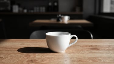 Minimalist table setting with a single white ceramic cup on a warm wood table, strong shadows, high-contrast side-lighting, blurred monochrome café background, 35mm lens.