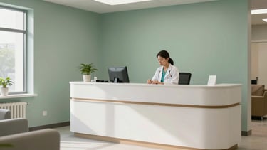A clean and modern North American medical office reception area. The scene features soft sage green accents on the walls, off-white furniture, and bright, natural lighting. A professional healthcare setting that feels trustworthy and compassionate, focused on high-quality patient-centered care. High-resolution photography.