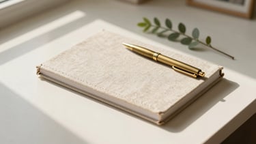 A close-up flat-lay of a linen-covered journal, a brass pen, and a small green branch resting on a cream-colored desk, soft morning sunlight casting long shadows, warm editorial photography style.