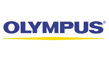 Olympus logo featuring blue bold text above a thin yellow underline on a black background.