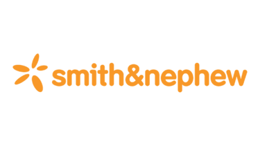 Official Smith & Nephew medical technology logo with orange text and starburst icon on black background.