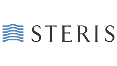 Steris company logo featuring black serif text and a blue wavy lines icon on a black background.