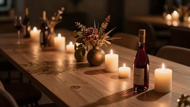 Wide shot of a dimly lit room with several Renata candles on a long wooden table, soft shadows, botanical arrangements, warm chiaroscuro lighting, elegant, shallow depth of field, wine red and bronze yellow accents.
