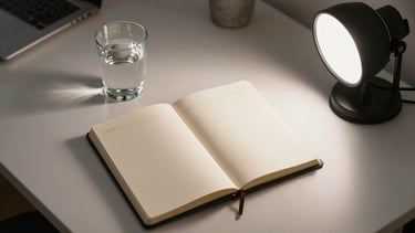 Overhead shot of a minimalist workspace with a notebook, a glass of water, and professional lighting in a modern Lima apartment office.