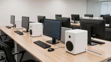 Wide shot of a modern data-driven workspace in Bogotá, featuring clean wooden desks and professional equipment. High-end aesthetic with pearl white tones.