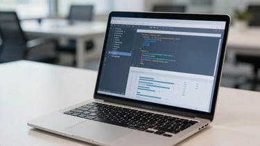 Close-up photography of a high-tech workspace in a North American corporate setting. A laptop screen shows lines of code and analytical graphs in slate blue and light gray tones. The background is a blurred modern office with dark slate and off-white surfaces. Natural window lighting.