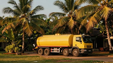 Low-angle cinematic shot of a clean yellow vacuum tanker parked discreetly behind lush tropical palms near a luxury Goan resort, golden hour sunshine casting long shadows.