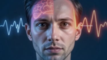 Digital illustration of a man's head with brain activity and pulse wave overlays representing mental health and neurology.