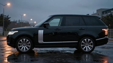 Side profile of a polished black Range Rover Autobiography at dusk, wet asphalt reflecting streetlights, cinematic low-key lighting