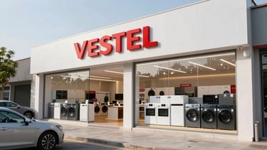 Wide panoramic shot of a modern Vestel showroom exterior at street level, clear signage, with a few cars parked in front, bright daylight, low angle.