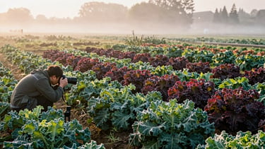 Wide panoramic shot of a sun-drenched organic farm at sunrise, dew on kale leaves, a photographer in a utility jacket adjusting a lens in the lower left, soft morning fog.