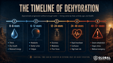 Infographic showing the timeline of dehydration symptoms from 0 to 72 hours for survival training.
